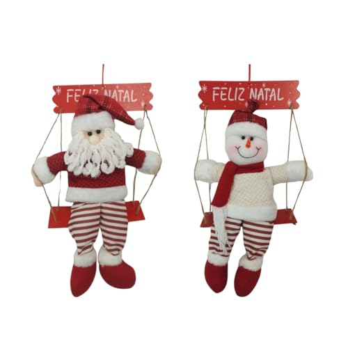 Enfeite de Natal para Porta com Placa Feliz Natal Papai Noel ou Boneco de Neve Sentado no Balanço 43cm | Guirlanda Decoração Natalina para Arvore, Porta, Jardim ou Escritorio (Papai Noel Vermelho)