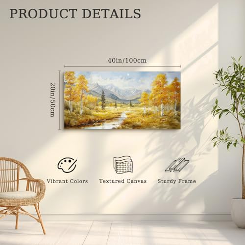 crmotu Autumn Landscape Wall Art, Birch Tree Forest Large Artwork, Mountain River Scenic Canvas Painting, Rustic Aesthetic Pictures Wall Decor Living Room Bedroom Bathroom Kitchen Art Prints 20x40inch
