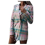 Dasongff Damen Langarm V Neck Revers Kariert Blazer Jacke Anzugjacke Mantel mit Knopfleiste Lang Blazer Slim Fit Business Büro Anzug Jacken Damenblazer Leichte Dünne Trenchcoat Frühjahr Herbst