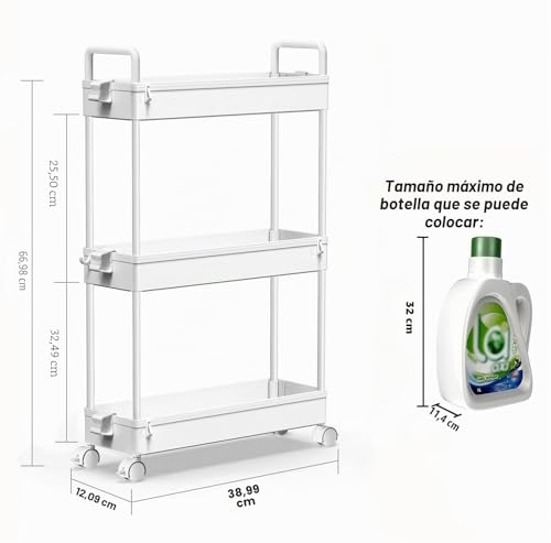 Miniatura 2 de Solejazz Carro De Almacenamiento De 3 Niveles, Deslizante, Delgado, Utilitario, Organizador De Estantes De Almacenamiento Móvil Para Cocina, Baño, Lavandería, Lugares Estrechos, Plástico, Blanco