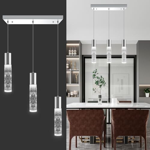OKELI 3-Light Dimmable LED Pendant Lighting for Kitchen Island, 18W 1350LM Modern Crystal Bubble Island Light Fixture, 6000K Cool White, Adjustable Electro-Chrome Fixture, Easy Install, Square