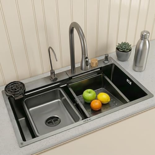 Image of ARQUIN Kitchen Sink 30 inchx18 inchx9 inch Single Bowl Sink for kitchen Multifuctional Smart Waterfall Sink | Premium Heavy Stainless Steel Black Finish with Integrated Waterfall Pull Down Faucet