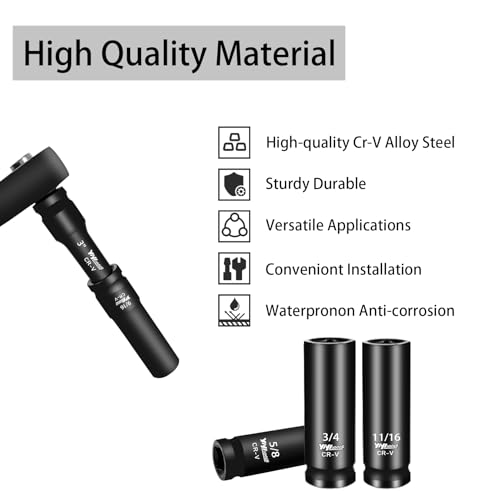 YIYITOOLS 25PCS 1/2” Drive Deep Impact Socket Set,SAE&Metric(12-24mm,3/8-1inch),Including 3”,5” Extension Bars and 1/2”-1/4” Adapter,6-Point, CR-V Steel