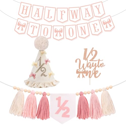 Half Birthday Decorations for Baby Girl Bow Birthday Hat Half Way to One Banner 1/2 High Chair Banner 1/2 Cake Topper 6 Months Party Supplies