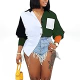 kaimimei Shirt Dress for Women Sexy-Color Block Letter Embroidery Button Down Long Sleeve Ribbed Cuff Club Blouse Mini Dress