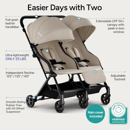 Image of Mompush Lithe Double Stroller, Lightweight Side by Side, Infant & Toddler