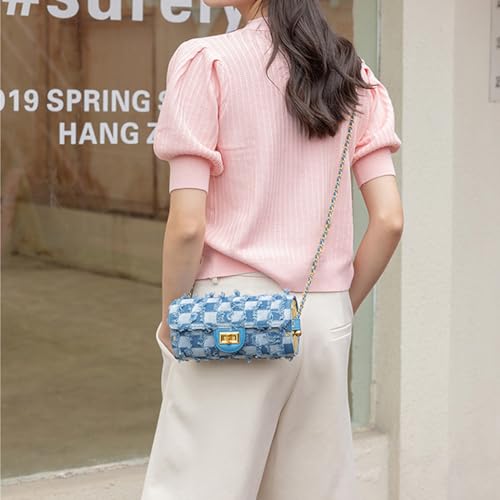 Image of Nova&Aria Women Small Shoulder Bags Quilted Crossbody Distressed Jean Denim Purse Evening Bag Clutch Handbag with Chain Strap-Checkered