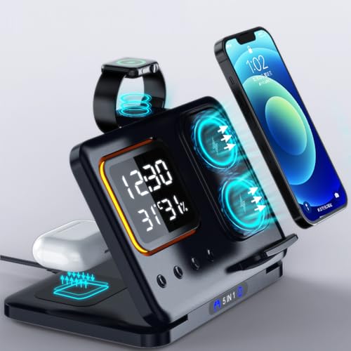Image of AYI 5in1 Multi Functional Wireless Charging Station with Digital Clock 15W Fast Charge Night Light Temperature Humidity Monitor Wireless Charger for All Qi Phone TWS Headphone and Apple Watch-Black
