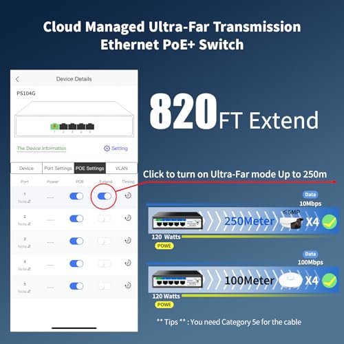 5-Port Ethernet PoE Switch (4 PoE Ports, 1 Uplink) with Extend Function, Easy Smart Managed Ethernet Switch, Plug & Play, Fanless Metal Design, VLAN, Qos,Desktop/Wall Mount - Image 6