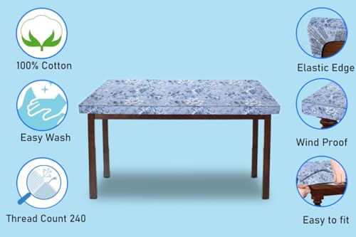 Image of The Furnishing Tree Elastic Cotton Rectangular Dining Table Cover 30x48 in Inches Floral White Rose on Blue Base