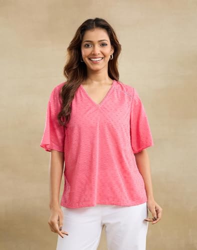 Haut en coton rose vêtement été col V texture Dobby - 2