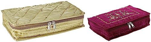 Image of Amazon Brand - Solimo Cotton Blend Embroidery Jewellery Kit cum Pouch, Maroon Satin Jewellery Pouch Cum Makeup Kit, Gold