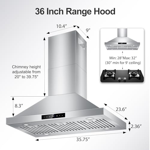 Image of 36 inch Island Range Hood Ceiling Mount 1200 CFM with 4-Speed Gesture Sensing & Touch Control, Ducted /Ductless Stainless Steel Kitchen Stove Vent Hoods with 4 LED Lights, Timer,Dishwasher-Safe Filters