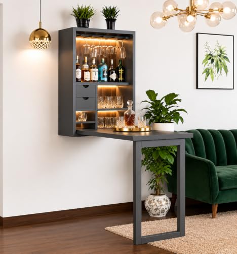 Image of WELL KNOWN Furniture Solid Wood Bar Cabinet for Home | Wall Hanging Design Mini Bar & for Living Room (Natural (Walnuts Balck)