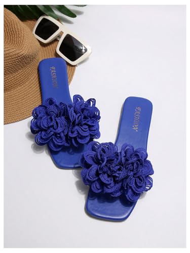 OYOANGLE Women's Flower Appliques Square Open Toe Slide Sandals Dressy Slip on Flat Sandal2