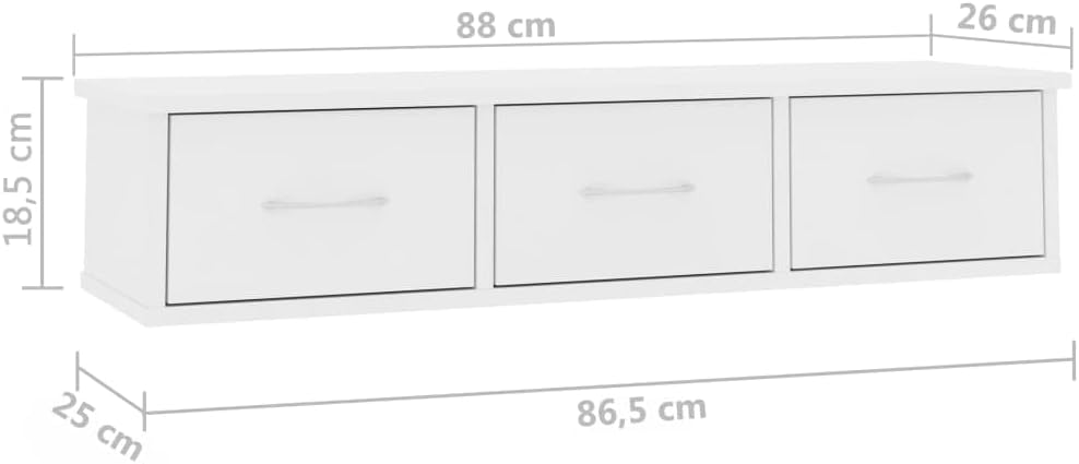 White Engineered Wood Floating Wall Shelf with 3 Drawers, 34.6 x 10.2 x 7.3 Inch, Modern Storage for Living Room, Bedroom, Bathroom Decor