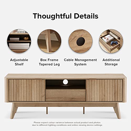 mopio Brooklyn Mid-Century Modern TV Stand, for TVs up to 50” / 59" Waveform Panel, Sleek Curved Profile with Adjustable Shelf and Sturdy Box Frame Leg (Golden Oak, 57")