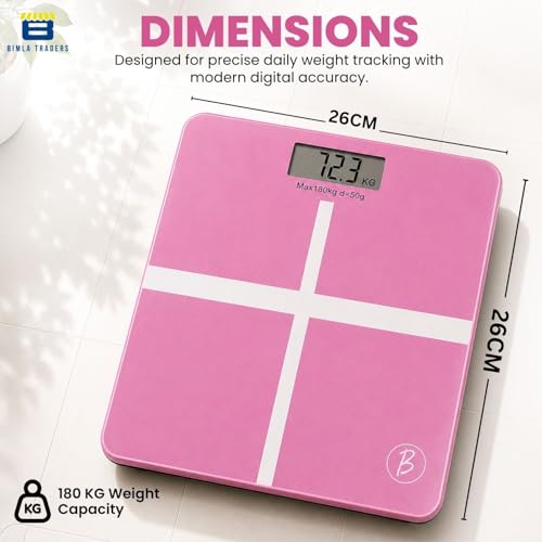 Image of Btag Premium Digital Body Weight Scale | 26x26 cm Wide Platform | Clear LCD Display | Anti-Skid Base | 180 kg Capacity Cross Design (Pink)