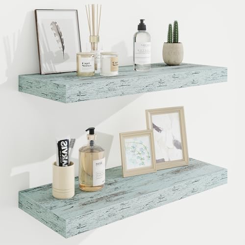 Marsmiles 24in Floating Shelves for Wall, 24" W x 9.25" D x 1.25" H, 2 Packs Long Wall Mounted Engineered Wood Shelves with Invisible Brackets for Living Room, Bedroom, Bathroom, Kitchen, Washed Blue