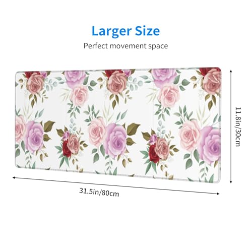 Image of Large Gaming Mouse Pad, Waterproof Extended Floral Mousepad Desktop, Big Long Non-Slip Pink Flower Mouse Mat for Laptop, Keyboard, Computer for Decor Office, 31.5 * 11.8 in