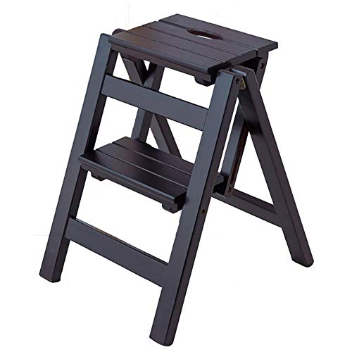Taburete plegable de 2 pasos de madera de pino color negro 2