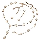 Faux Pearl Necklace Earring Bracelet Jewelry Set, Delicate and Classy Costume jewelry Favors (Gold)