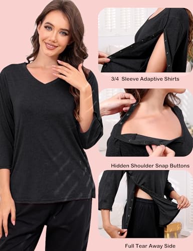 Image of Post Shoulder Surgery Shirts for Women Tear Away 3 /4 Sleeve Full Open Side Snap Dialysis Chemo Adaptive Clothing