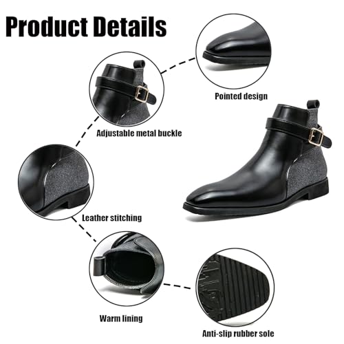 Men's Pointed Toe Slip on Chelsea Boots,Classic Leather Stitching Adjustment Buckle Retro High-top Dress Shoes Ankle Boots2