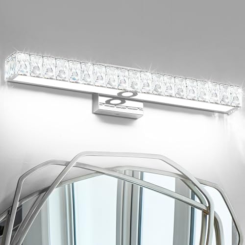 Image of SOLFART Bathroom Light Fixture Crystal Vanity Light Fixtures, Modern LED Lights Above Mirror, 24 Inch Bath Lighting Fixture Chrome