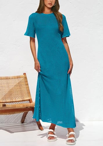 Image of PRETTYGARDEN Womens Eyelet Crochet Maxi 2 Piece Dress Sets | Knit Mesh Layered Two-Piece Dress, Short Sleeve Crew Neck Cover Up With Slip, Summer Resort Vacation Beach Hollow Out Dresses