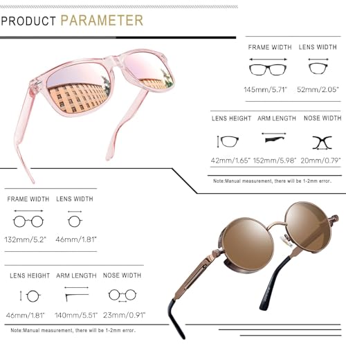 Joopin Pink Square & Brown Metal Round Sunglasses Bundle, Classic Sun Glasses Polarized UV400 Protection Shades for Women Men Shady Rays4