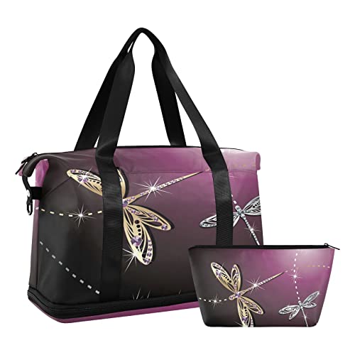Bolsa de ginástica roxa Dragonfly – Bolsa de viagem para viagem de fim de semana com bolsa de banho de higiene pessoal, Libélula roxa, One Size