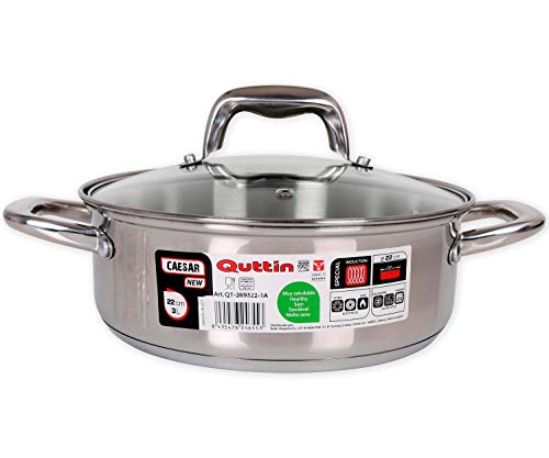 Quttin | Cacerola Profesional New Caesar de Inducción para Cocina y Horno | Cacerola Grande de Acero Inoxidable Antiadherente con Tapa de Cristal y Asas 22 cm/3 L | Apta para Todo Tipo de Cocinas