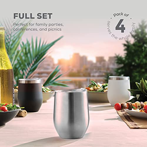 Triple Insulated Wine Tumbler With Lid (4 Pack) 12Oz Stainless Steel Wine Glass Set- Insulated Tumblers Keep Drinks Hot & Cold For Outdoors, Beach, Picnics- Unbreakable Wine Glasses With Bpa Free Lids #TOP6