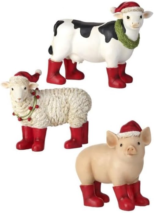 Regency International Xmas Barnyard Animal Figurine, Resin, Multicolor, Set of 3