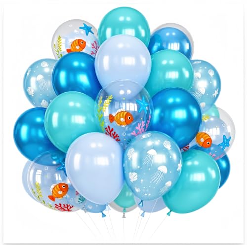Image of Ocean Balloons, 12 inch Teal Blue Under the Sea Pearl Metallic Blue Balloons | with Sea Shell Print Pearl Aqua Clear Bubble Balloon for Summer Sea Beach Themed Pool Kids Birthday Baby Shower Decorations