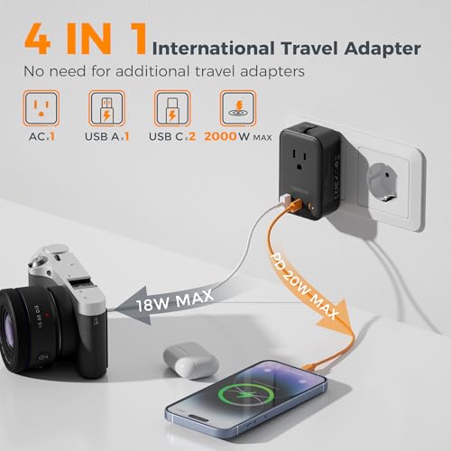 Image of TESSAN International Power Adapter PD 20W, Ultra Thin Universal Adapter, Worldwide Outlet Plug with 2 USB C 1 USB A for US to Europe UK Spain Australia France Germany Thailand (Type C G A I), Black
