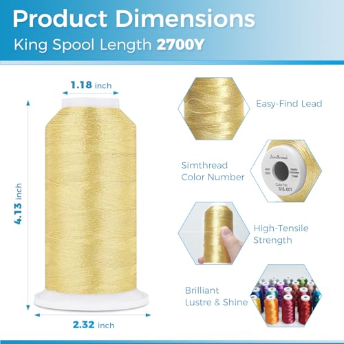 Image of Simthread 2700 Yards Metallic Embroidery Machine Thread - Light Gold MS-001, 40wt High-Sheen King Spool, Smooth Running & Break Resistant for Commercial & Home Embroidery Machines