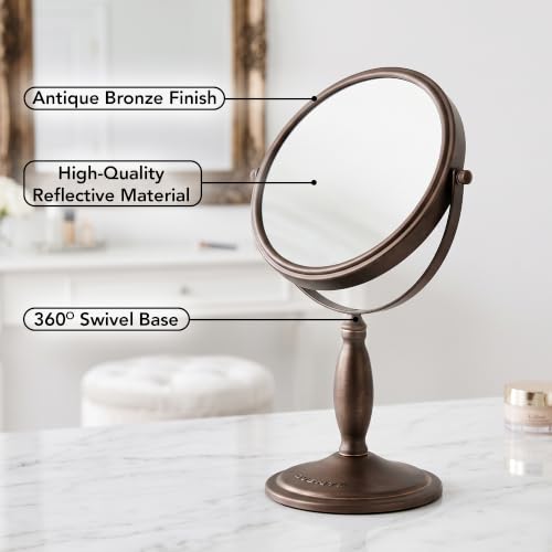 Image of OVENTE 8'' Tabletop Magnifying Makeup Mirror, Antique Bronze MNLAT80ABZ1X7X | Double Sided Vanity Standing Mount Mirror with 1X /7X Magnification, 360 Rotation, Perfect for Dresser Bedroom Office Desk
