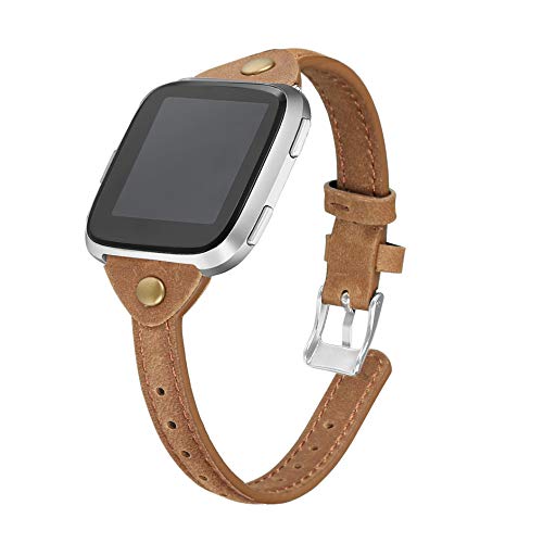bayite Slim Leather Bands Compatible with Fitbit Versa/Versa 2 Smartwatch, Breathable Soft Genuine Leather Strap Women (5.3
