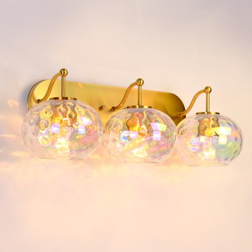 Image of 23 inch Brushed Gold Vanity Light Stained Hammered Glass Wall Sconce 3-Light Brass Wall Lamp for Hallway Living Room Stairwell Bathroom Over Mirror (Brass Gold, 3-Light)