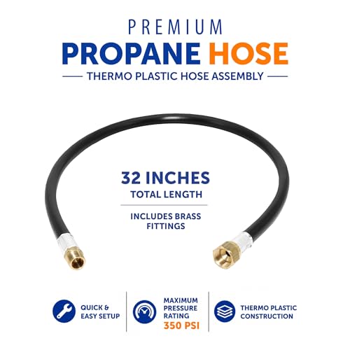 Image of Flame King 32-inch Propane Thermo Plastic Hose Assembly, 3 /8-inch ID, 3 /8-inch MPT X 1 /2-inch Female Flare, for RVs and Travel Trailers