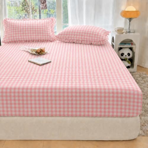 Image of VOMZER Queen Size (60x78) 300 TC Soft Cotton Feel Microfiber All Around Elastic Fitted Double Bedsheet with 2 Frill Pillow Covers | Vichy Check