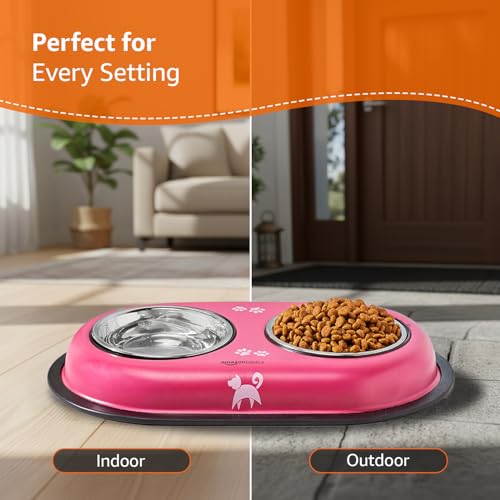 Image of Amazon Basics Stainless Steel Pet Feeding Bowls with Plastic Tray| Anti Slip Base | 230 ml Each