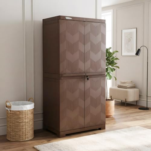 Image of Nilkamal Freedom FMM Wave Plastic Storage Cabinet|3-Year Warranty|Clothes Cupboard|Wardrobe|Almirah|for Home, Living Room, Bed Room|Adult & Kids|Rattan Dark Beige