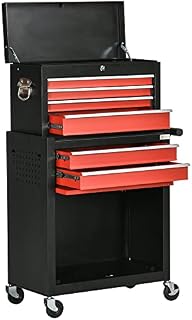 DURHAND Tool Cabinet Cart, Workshop Trolley on Wheels, 6 Drawer with Ball Bearing Slides, Lockable Roll Cab, Black and Red