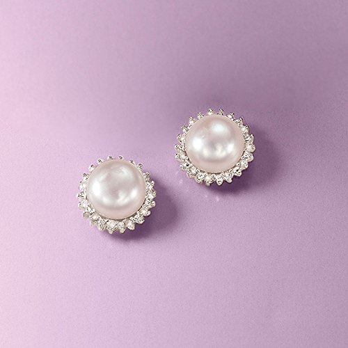 Ross-Simons 7-7.5Mm Cultured Button Pearl And .13 Ct. T.w. Diamond Stud Earrings In Sterling Silver #TOP2