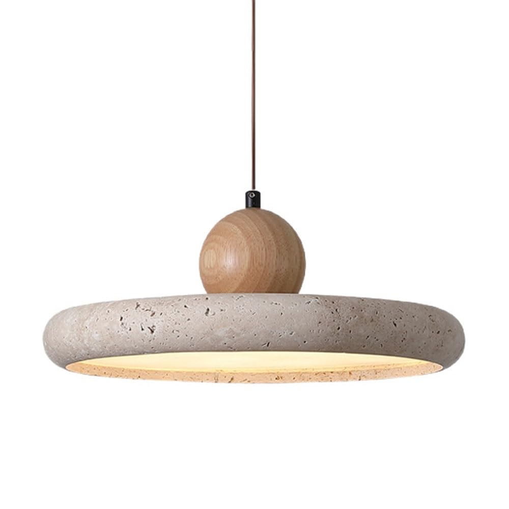 FEITENGDA Minimalist Circular Travertine Pendant Light Japanese Style Disc Design Stone Hanging Lamp Modern Wooden Globe Accent Chandelier for Bedroom Living Room Dining Room(40cm/15.75in)