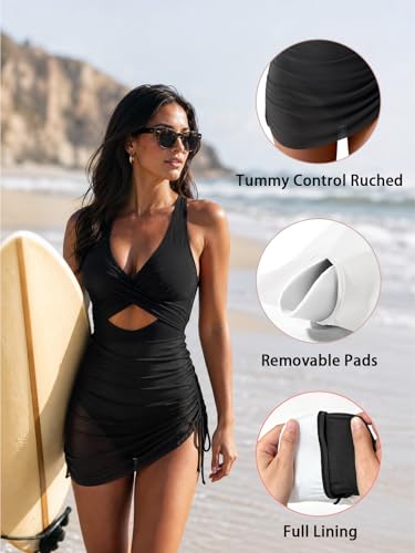 Image of B2prity Women Mesh One Piece Swimdress Swimsuit Tummy Control V Neck Cutout Bathing Suit Wrap Drawstring Sarong Swimwear