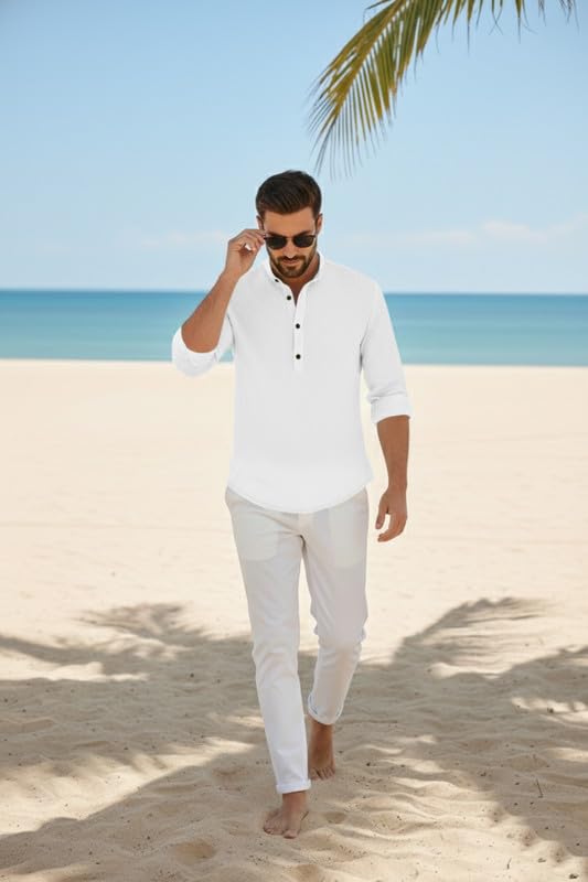 Image of Men's Cotton Blend Short Kurta with Collared Neck Full Sleeves Solid Pattern Western Style Regular Fit and Standard Length
